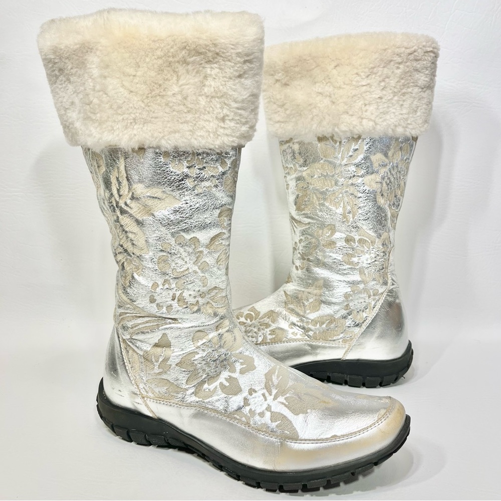 Little Eric Girls Silver Floral Winter Boots Tall Faux Fur Cuff Size 37 Youth 5